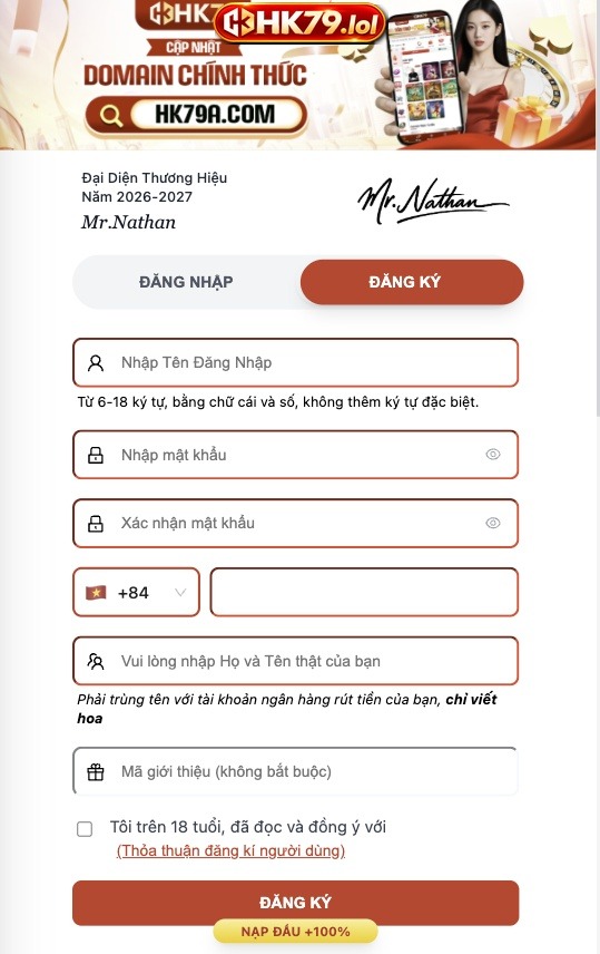 Biểu mẫu đăng ký HK79 gồm tên đăng nhập, mật khẩu, số điện thoại, họ tên và mục xác nhận điều khoản.