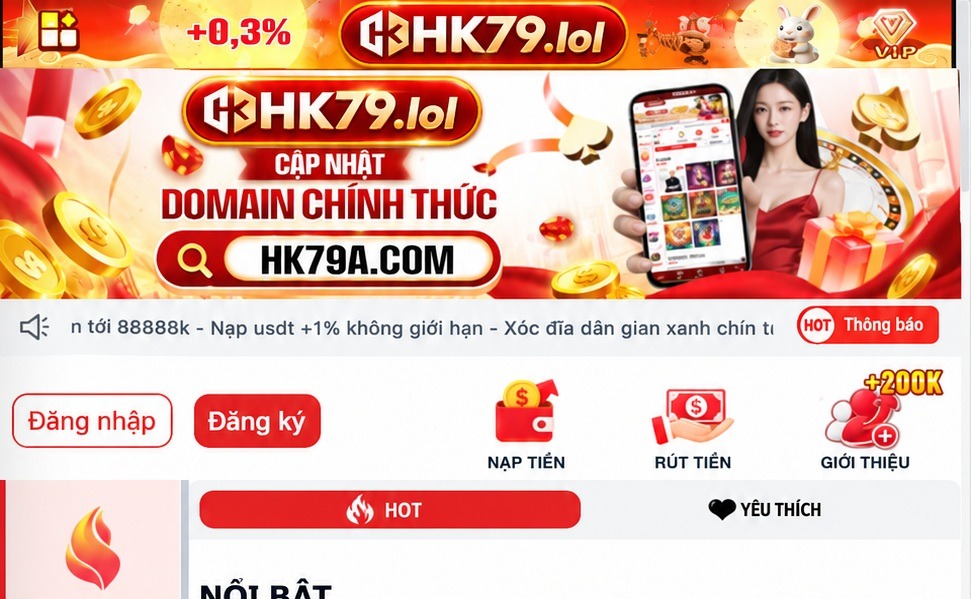 Giao diện HK79 trên điện thoại với logo HK79.lol và các chức năng chính.