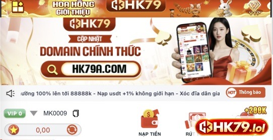 Giao diện nhà cái với nút Rút tiền HK79 được đặt ngay tại khu vực tài khoản.