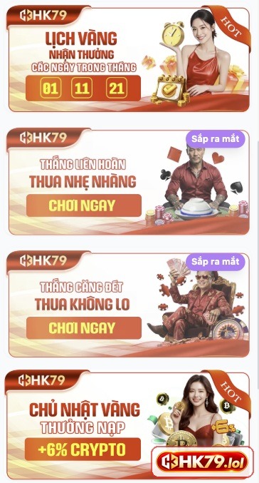 HK79 hiển thị các sự kiện theo ngày, chương trình sắp ra mắt và ưu đãi crypto.