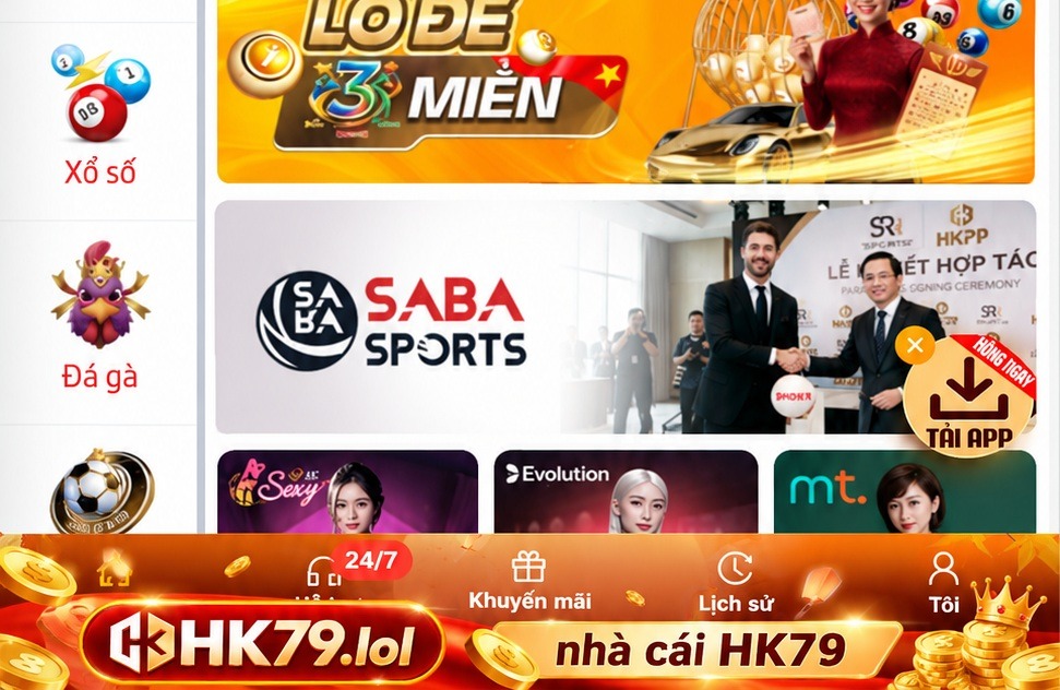 Khu vực Tải APP và thanh điều hướng của HK79 trên giao diện điện thoại.