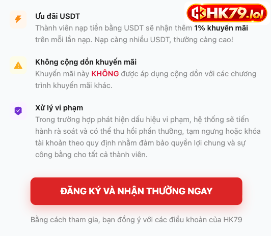 Một số lưu ý bổ sung về ưu đãi USDT, cộng dồn khuyến mãi và xử lý vi phạm khi nạp tiền HK79.